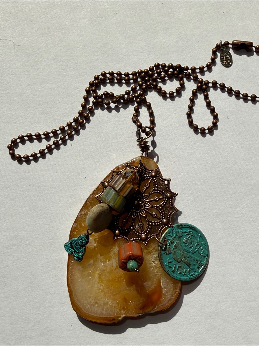 Boho Agate Pendant Necklace with Patina Coin and Beaded Accents - Brown & Teal